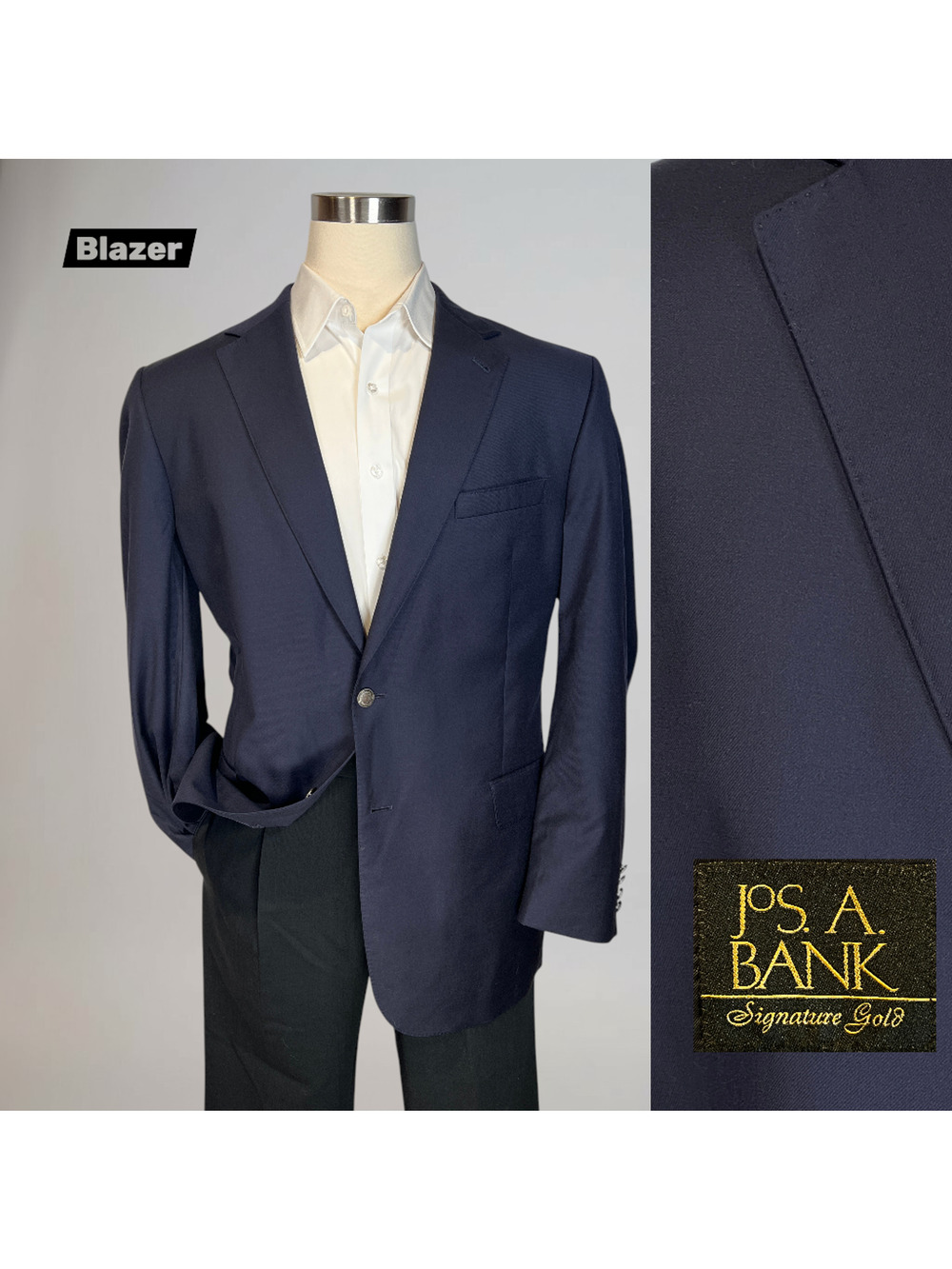Jos A Bank Signature Gold 46L Navy Blue Blazer Antique Silver Tone Buttons